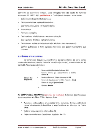 Prof. Otávio Piva Direito	
  Constitucional	
  
www.acasadoconcurseiro.com.br Prof.	
  Otávio	
  Piva	
  	
  	
  	
  	
  	
  	
  	
  	
  	
  	
  	
  	
  	
  	
  	
  	
  	
  	
  	
  	
  Página	
  77	
  
conferidos	
   às	
   autoridades	
   judiciais.	
   Essas	
   limitações	
   têm	
   sido	
   objeto	
   de	
   inúmeros	
  
arestos	
  do	
  STF	
  (MS	
  23.452),	
  proibindo-­‐se	
  às	
  Comissões	
  de	
  Inquérito,	
  entre	
  outras:	
  	
  
• Determinar	
  indisponibilidade	
  de	
  bens;	
  
• Determinar	
  busca	
  e	
  apreensão	
  domiciliar;	
  
• Decretar	
  a	
  prisão,	
  salvo	
  em	
  flagrante	
  delito;	
  
• Punir	
  delitos;	
  
• Formular	
  acusações;	
  
• Desrespeitar	
  o	
  privilégio	
  contra	
  a	
  autoincriminação;	
  
• Desrespeitar	
  o	
  direito	
  de	
  sigilo	
  profissional;	
  
• Determinar	
  a	
  realização	
  de	
  interceptação	
  telefônica	
  (teor	
  da	
  conversa);	
  
• Conferir	
   publicidade	
   a	
   dados	
   sigilosos	
   alcançados	
   pelo	
   poder	
   investigatório	
   que	
  
possuem.	
  
	
  
8.3	
  CÂMARA	
  DOS	
  DEPUTADOS	
  	
  
Na	
  Câmara	
  dos	
  Deputados,	
  encontram-­‐se	
  os	
  representantes	
  do	
  povo,	
  eleitos	
  
nos	
  Estados-­‐Membros,	
  Distrito	
  Federal	
  e	
  Territórios	
  (se	
  houver),	
  nos	
  termos	
  do	
  art.	
  45	
  
da	
  CF/88.	
  Algumas	
  características:	
  	
  
	
  
	
  
	
  
	
  
	
  
	
  
	
  
	
  
	
  
	
  
	
  
As	
   COMPETÊNCIAS	
   PRIVATIVAS	
   (por	
   meio	
   de	
   resolução)	
   da	
   Câmara	
   dos	
   Deputados	
  
encontram-­‐se	
  no	
  art.	
  51	
  da	
  CF/88.	
  	
  Algumas	
  delas:	
  	
  
	
  
• Autorizar	
  a	
  instauração	
  de	
  processo	
  (por	
  crime	
  comum	
  ou	
  de	
  responsabilidade)	
  
contra	
   o	
   Presidente	
   da	
   República,	
   o	
   Vice-­‐Presidente,	
   os	
   Ministros	
   de	
   Estado	
  
(inc	
  I).	
  
• Elaborar	
  o	
  seu	
  regimento	
  interno	
  (inc.	
  II).	
  	
  
• Eleger	
  os	
  membros	
  do	
  Conselho	
  da	
  República	
  (inc.	
  V).	
  	
  
	
  
	
  
Número total de Deputados Federais: 513
Número mínimo por Estado-Membro e Distrito
Federal: 8
Número máximo por Estado-Membro e DF: 70
Número de deputados por Território Federal: 4 (fixo)
Sistema de eleição: proporcional
Mandato: 4 anos
Câmara dos
Deputados
 