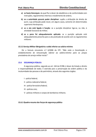 Prof. Otávio Piva Direito	
  Constitucional	
  
www.acasadoconcurseiro.com.br Prof.	
  Otávio	
  Piva	
  	
  	
  	
  	
  	
  	
  	
  	
  	
  	
  	
  	
  	
  	
  	
  	
  	
  	
  	
  	
  Página	
  170	
  
a) se	
  havia	
  hierarquia:	
  da	
  qual	
  flui	
  o	
  dever	
  de	
  obediência	
  e	
  de	
  conformidade	
  com	
  
instruções,	
  regulamentos	
  internos	
  e	
  recebimento	
  de	
  ordens;	
  
b) se	
   a	
   autoridade	
   possuía	
   poder	
   disciplinar:	
   supõe	
   a	
   atribuição	
   de	
   direito	
   de	
  
punir,	
  cuja	
  atribuição	
  pode	
  recair,	
  em	
  alguns	
  casos,	
  somente	
  em	
  determinados	
  
superiores	
  hierárquicos;	
  
c) se	
   o	
   ato	
   está	
   ligado	
   à	
   função:	
   se	
   a	
   punição	
   disciplinar	
   liga-­‐se,	
   ou	
   não,	
   à	
  
atividade	
  funcional	
  do	
  militar;	
  
d) se	
   a	
   pena	
   foi	
   adequadamente	
   aplicada:	
   se	
   a	
   punição	
   aplicada	
   está	
  
adequadamente	
  prescrita	
  para	
  o	
  ato	
  praticado	
  de	
  acordo	
  com	
  os	
  regulamentos	
  
militares.	
  
	
  
15.5.3	
  Serviço	
  Militar	
  Obrigatório	
  e	
  soldo	
  inferior	
  ao	
  salário-­‐mínimo	
  
	
   Diz	
   a	
   Súmula	
   vinculante	
   n.º	
   6/2008	
   do	
   STF:	
   “Não	
   viola	
   a	
   Constituição	
   o	
  
estabelecimento	
   de	
   remuneração	
   inferior	
   ao	
   salário-­‐mínimo	
   para	
   as	
   praças	
  
prestadoras	
  de	
  serviço	
  militar	
  inicial.”	
  
	
  
15.6 SEGURANÇA	
  PÚBLICA	
  
A	
  segurança	
  pública,	
  segundo	
  ao	
  art.	
  144	
  da	
  CF/88,	
  é	
  dever	
  do	
  Estado	
  e	
  direito	
  
e	
   responsabilidade	
   de	
   todos.	
   É	
   exercida	
   para	
   a	
   preservação	
   da	
   ordem	
   pública	
   e	
   da	
  
incolumidade	
  das	
  pessoas	
  e	
  do	
  patrimônio,	
  através	
  dos	
  seguintes	
  órgãos:	
  
	
  
I	
  -­‐	
  polícia	
  federal;	
  
II	
  -­‐	
  polícia	
  rodoviária	
  federal;	
  
III	
  -­‐	
  polícia	
  ferroviária	
  federal;	
  
IV	
  -­‐	
  polícias	
  civis;	
  
V	
  -­‐	
  polícias	
  militares	
  e	
  corpos	
  de	
  bombeiros	
  militares.	
  
	
  
	
  
	
  
15.6.1	
  Quadro-­‐resumo	
  das	
  forças	
  de	
  segurança	
  pública	
   	
  
	
  
	
  
	
  
	
  
	
  
	
  
	
  
	
  
	
  
 