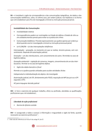 TJ-RS (Oficial de Justiça) – Direito Constitucional – Prof. Daniel Sena
13
www.acasadoconcurseiro.com.br
XII – é inviolável o sigilo da correspondência e das comunicações telegráficas, de dados e das
comunicações telefônicas, salvo, no último caso, por ordem judicial, nas hipóteses e na forma
que a lei estabelecer para fins de investigação criminal ou instrução processual penal;
Inviolabilidade das Comunicações
•
• Inviolabilidade relativa
•
• Correspondências podem ser restringidas no Estado de defesa e Estado de sítio ou
em estabelecimentos penais para evitar-se a prática de crimes
•
• Comunicação telefônica: Prevista expressamente sua quebra apenas por ordem ju-
dicial quando ocorrer investigação criminal ou instrução processual penal.
•
• Lei 9.296/96 – Lei das interceptações telefônicas
Interceptação – gravação, no momento em que se realiza, terceira pessoa, sem con-
sentimento. Depende de autorização judicial;
Gravação – um dos interlocutores, sem consentimento do outro. Permitida no caso de
legítima defesa;
Gravação ambiental – captação de conversa, imagem, consentimento de um dos inter-
locutores. Permite-se no caso de legítima defesa.
•
• Sigilo dos dados bancário e fiscal
Permite-se a quebra quando utilizados para ocultar atividades ilícitas
Indispensável a individualização do objeto e do investigado
Autorização judicial, de CPI, diretamente pelo FISCO, requisição do MP (ao juiz ou a CPI
segundo o STF).
HC para impugnar decisão judicial
XIII – é livre o exercício de qualquer trabalho, ofício ou profissão, atendidas as qualificações
profissionais que a lei estabelecer;
Liberdade de ação profissional
•
• Norma de eficácia contida
XIV – é assegurado a todos o acesso à informação e resguardado o sigilo da fonte, quando
necessário ao exercício profissional
1
;
1	 Vide nota de referência ao inciso IV do artigo 5º, da CF.
 