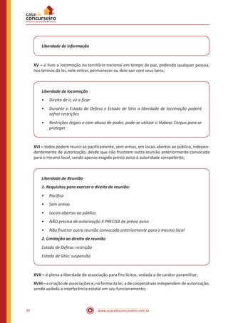 14 www.acasadoconcurseiro.com.br
Liberdade de informação
XV – é livre a locomoção no território nacional em tempo de paz, podendo qualquer pessoa,
nos termos da lei, nele entrar, permanecer ou dele sair com seus bens;
Liberdade de locomoção
•
• Direito de ir, vir e ficar
•
• Durante o Estado de Defesa e Estado de Sítio a liberdade de locomoção poderá
sofrer restrições
•
• Restrições ilegais e com abuso de poder, pode-se utilizar o Habeas Corpus para se
proteger
XVI – todos podem reunir-se pacificamente, sem armas, em locais abertos ao público, indepen-
dentemente de autorização, desde que não frustrem outra reunião anteriormente convocada
para o mesmo local, sendo apenas exigido prévio aviso à autoridade competente;
Liberdade de Reunião
1. Requisitos para exercer o direito de reunião:
•
• Pacifica
•
• Sem armas
•
• Locais abertos ao público
•
• NÃO precisa de autorização X PRECISA de prévio aviso
•
• Não frustrar outra reunião convocada anteriormente para o mesmo local
2. Limitação ao direito de reunião
Estado de Defesa: restrição
Estado de Sítio: suspensão
XVII – é plena a liberdade de associação para fins lícitos, vedada a de caráter paramilitar;
XVIII – a criação de associações e, na forma da lei, a de cooperativas independem de autorização,
sendo vedada a interferência estatal em seu funcionamento;
 