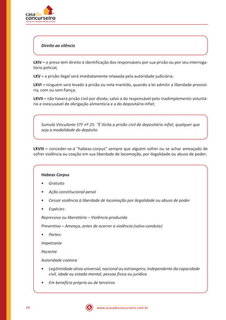 24 www.acasadoconcurseiro.com.br
Direito ao silêncio
LXIV – o preso tem direito à identificação dos responsáveis por sua prisão ou por seu interroga-
tório policial;
LXV – a prisão ilegal será imediatamente relaxada pela autoridade judiciária;
LXVI – ninguém será levado à prisão ou nela mantido, quando a lei admitir a liberdade provisó-
ria, com ou sem fiança;
LXVII – não haverá prisão civil por dívida, salvo a do responsável pelo inadimplemento voluntá-
rio e inescusável de obrigação alimentícia e a do depositário infiel;
Sumula Vinculante STF nº 25: “É ilícita a prisão civil de depositário infiel, qualquer que
seja a modalidade do depósito
LXVIII – conceder-se-á "habeas-corpus" sempre que alguém sofrer ou se achar ameaçado de
sofrer violência ou coação em sua liberdade de locomoção, por ilegalidade ou abuso de poder;
Habeas Corpus
•
• Gratuito
•
• Ação constitucional penal
•
• Cessar violência à liberdade de locomoção por ilegalidade ou abuso de poder
•
• Espécies:
Repressivo ou liberatório – Violência produzida
Preventivo – Ameaça, antes de ocorrer a violência (salvo-conduto)
•
• Partes:
Impetrante
Paciente
Autoridade coatora
•
• Legitimidade ativa universal, nacional ou estrangeiro, Independente da capacidade
civil, idade ou estado mental, pessoa física ou jurídica
•
• Em benefício próprio ou de terceiros
 