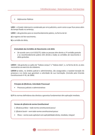 TJ-RS (Oficial de Justiça) – Direito Constitucional – Prof. Daniel Sena
29
www.acasadoconcurseiro.com.br
•
• Defensorias Públicas
LXXV – o Estado indenizará o condenado por erro judiciário, assim como o que ficar preso além
do tempo fixado na sentença;
LXXVI – são gratuitos para os reconhecidamente pobres, na forma da lei:
a) o registro civil de nascimento;
b) a certidão de óbito;
Gratuidade das Certidões de Nascimento e de óbito
•
• De acordo com a Lei 6.015/73, todas as pessoas têm direito a 1ª certidão gratuita
e os reconhecidamente pobres têm direito a todas as certidões de nascimento e
óbito gratuitas.
LXXVII – são gratuitas as ações de "habeas-corpus" e "habeas-data", e, na forma da lei, os atos
necessários ao exercício da cidadania.
LXXVIII a todos, no âmbito judicial e administrativo, são assegurados a razoável duração do
processo e os meios que garantam a celeridade de sua tramitação. (Incluído pela Emenda
Constitucional nº 45, de 2004)
Principio da Eficiência, Celeridade Processual
•
• Processos judiciais e administrativos
§ 1º As normas definidoras dos direitos e garantias fundamentais têm aplicação imediata.
Formas de eficácia da norma Constitucional
1. Eficácia jurídica – toda norma constitucional possui
2. Eficácia Social – nem toda norma constitucional possui
•
• Plena – norma auto-aplicável com aplicabilidade direta, imediata, integral
 