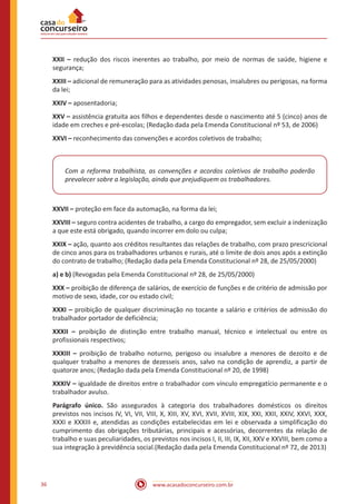 36 www.acasadoconcurseiro.com.br
XXII – redução dos riscos inerentes ao trabalho, por meio de normas de saúde, higiene e
segurança;
XXIII – adicional de remuneração para as atividades penosas, insalubres ou perigosas, na forma
da lei;
XXIV – aposentadoria;
XXV – assistência gratuita aos filhos e dependentes desde o nascimento até 5 (cinco) anos de
idade em creches e pré-escolas; (Redação dada pela Emenda Constitucional nº 53, de 2006)
XXVI – reconhecimento das convenções e acordos coletivos de trabalho;
Com a reforma trabalhista, as convenções e acordos coletivos de trabalho poderão
prevalecer sobre a legislação, ainda que prejudiquem os trabalhadores.
XXVII – proteção em face da automação, na forma da lei;
XXVIII – seguro contra acidentes de trabalho, a cargo do empregador, sem excluir a indenização
a que este está obrigado, quando incorrer em dolo ou culpa;
XXIX – ação, quanto aos créditos resultantes das relações de trabalho, com prazo prescricional
de cinco anos para os trabalhadores urbanos e rurais, até o limite de dois anos após a extinção
do contrato de trabalho; (Redação dada pela Emenda Constitucional nº 28, de 25/05/2000)
a) e b) (Revogadas pela Emenda Constitucional nº 28, de 25/05/2000)
XXX – proibição de diferença de salários, de exercício de funções e de critério de admissão por
motivo de sexo, idade, cor ou estado civil;
XXXI – proibição de qualquer discriminação no tocante a salário e critérios de admissão do
trabalhador portador de deficiência;
XXXII – proibição de distinção entre trabalho manual, técnico e intelectual ou entre os
profissionais respectivos;
XXXIII – proibição de trabalho noturno, perigoso ou insalubre a menores de dezoito e de
qualquer trabalho a menores de dezesseis anos, salvo na condição de aprendiz, a partir de
quatorze anos; (Redação dada pela Emenda Constitucional nº 20, de 1998)
XXXIV – igualdade de direitos entre o trabalhador com vínculo empregatício permanente e o
trabalhador avulso.
Parágrafo único. São assegurados à categoria dos trabalhadores domésticos os direitos
previstos nos incisos IV, VI, VII, VIII, X, XIII, XV, XVI, XVII, XVIII, XIX, XXI, XXII, XXIV, XXVI, XXX,
XXXI e XXXIII e, atendidas as condições estabelecidas em lei e observada a simplificação do
cumprimento das obrigações tributárias, principais e acessórias, decorrentes da relação de
trabalho e suas peculiaridades, os previstos nos incisos I, II, III, IX, XII, XXV e XXVIII, bem como a
sua integração à previdência social.(Redação dada pela Emenda Constitucional nº 72, de 2013)
 