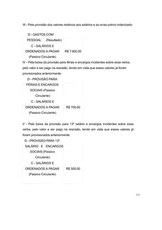 III - Pela provisão dos valores relativos aos salários e ao aviso prévio indenizado:
D - GASTOS COM
PESSOAL (Resultado)
C - SALÁRIOS E
ORDENADOS A PAGAR R$ 7.800,00
(Passivo Circulante)
IV - Pela baixa da provisão para férias e encargos incidentes sobre essa verba,
pelo valor a ser pago na rescisão, tendo em vista que esses valores já foram
provisionados anteriormente:
D - PROVISÃO PARA
FÉRIAS E ENCARGOS
SOCIAIS (Passivo
Circulante)
C - SALÁRIOS E
ORDENADOS A PAGAR R$ 700,00
(Passivo Circulante)
V - Pela baixa da provisão para 13º salário e encargos incidentes sobre essa
verba, pelo valor a ser pago na rescisão, tendo em vista que esses valores já
foram provisionados anteriormente:
D - PROVISÃO PARA 13º
SALÁRIO E ENCARGOS
SOCIAIS (Passivo
Circulante)
C - SALÁRIOS E
ORDENADOS A PAGAR R$ 500,00
(Passivo Circulante)
113
 