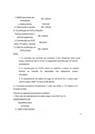 (+)INSS descontado dos
empregados
R$ 1.465,00
(-) Salário-família R$ 30,00
(=) Valor líquido a recolher R$ 1.765,00
III - Contribuição ao FGTS a Recolher
Parcela incidente sobre a
folha de pagamento
(+) Contribuição ao FGTS
sobre 13º salário - rescisão
(=) Valor da contribuição ao
FGTS devida
Notas:
R$ 1.260,00
R$ 40,00
R$ 1.300,00
1. A rescisão de contrato de trabalho é por dispensa sem justa
causa, ocorrida no dia 31.01.0x e o pagamento será feito até o 5º dia útil
subseqüente;
2. A contribuição ao FGTS sobre os salários e sobre os valores
devidos na rescisão foi depositada nas respectivas contas
vinculadas;
3. O adiantamento de salário foi pago no dia 20.01.0x, e sobre esse
valor foi retido o IRRF no valor de R$ 250,00;
4. A empresa provisiona mensalmente o valor das férias, o 13º salário e os
encargos sociais.
Teremos os seguintes lançamentos contábeis:
I - Pelo valor do adiantamento de salário pago no dia 20.01.0x: D -
ADIANTAMENTO DE
SALÁRIOS (Ativo
Circulante)
C - IRRF A RECOLHER
119
 