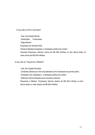 O que são as S/A e Grandes?
Cias. De Capital Aberto
Instituições Financeiras
Seguradoras
Empresas de Grande Porte
Outras entidades obrigadas a “prestação pública de contas.”
Grandes Empresas: faturam acima de R$ 300 milhões ou tem ativos totais no
valor acima de R$ 240 milhões.
O que são as Pequenas e Médias?
Cias. De Capital Fechado
Limitadas (desde que não enquadradas como empresas de grande porte)
Entidades não obrigadas a “prestação pública de contas”
Elaboram demonstrações para Usuários externos
Pequenas e Médias Empresas: faturam abaixo de R$ 300 milhões ou tem
ativos totais no valor abaixo de R$ 240 milhões.
127
 