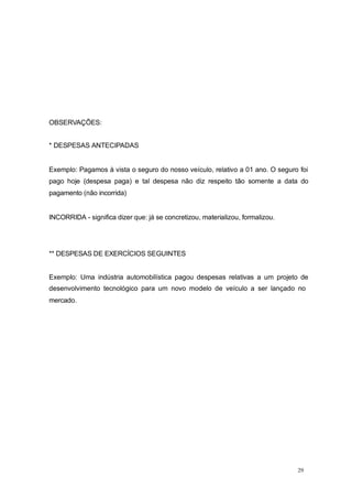OBSERVAÇÕES:
* DESPESAS ANTECIPADAS
Exemplo: Pagamos à vista o seguro do nosso veículo, relativo a 01 ano. O seguro foi
pago hoje (despesa paga) e tal despesa não diz respeito tão somente a data do
pagamento (não incorrida)
INCORRIDA - significa dizer que: já se concretizou, materializou, formalizou.
** DESPESAS DE EXERCÍCIOS SEGUINTES
Exemplo: Uma indústria automobilística pagou despesas relativas a um projeto de
desenvolvimento tecnológico para um novo modelo de veículo a ser lançado no
mercado.
29
 