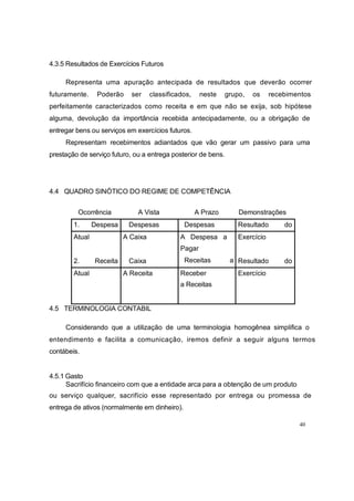 Ocorrência À Vista A Prazo Demonstrações
4.5 TERMINOLOGIA CONTÁBIL
4.3.5 Resultados de Exercícios Futuros
Representa uma apuração antecipada de resultados que deverão ocorrer
futuramente. Poderão ser classificados, neste grupo, os recebimentos
perfeitamente caracterizados como receita e em que não se exija, sob hipótese
alguma, devolução da importância recebida antecipadamente, ou a obrigação de
entregar bens ou serviços em exercícios futuros.
Representam recebimentos adiantados que vão gerar um passivo para uma
prestação de serviço futuro, ou a entrega posterior de bens.
4.4 QUADRO SINÓTICO DO REGIME DE COMPETÊNCIA
Considerando que a utilização de uma terminologia homogênea simplifica o
entendimento e facilita a comunicação, iremos definir a seguir alguns termos
contábeis.
4.5.1 Gasto
Sacrifício financeiro com que a entidade arca para a obtenção de um produto
ou serviço qualquer, sacrifício esse representado por entrega ou promessa de
entrega de ativos (normalmente em dinheiro).
40
1. Despesa Despesas Despesas Resultado do
Atual
2. Receita
A Caixa
Caixa
A Despesa a
Pagar
Receitas a
Exercício
Resultado do
Atual A Receita Receber
a Receitas
Exercício
 