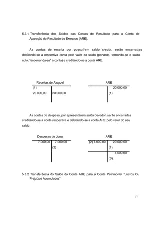 5.3.1 Transferência dos Saldos das Contas de Resultado para a Conta de
Apuração do Resultado do Exercício (ARE).
As contas de receita por possuírem saldo credor, serão encerradas
debitando-se a respectiva conta pelo valor do saldo (portanto, tornando-se o saldo
nulo, “encerrando-se” a conta) e creditando-se a conta ARE.
Receitas de Aluguel ARE
(1) 20.000,00
20.000,00 20.000,00 (1)
As contas de despesa, por apresentarem saldo devedor, serão encerradas
creditando-se a conta respectiva e debitando-se a conta ARE pelo valor do seu
saldo.
Despesas de Juros ARE
7.000,00 7.000,00 (2) 7.000,00 20.000,00
(2) (1)
4.000,00
(S)
5.3.2 Transferência do Saldo da Conta ARE para a Conta Patrimonial “Lucros Ou
Prejuízos Acumulados”
51
 