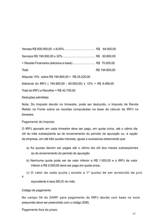 Vendas R$ 800.000,00 x 8,00% .................................... R$ 64.000,00
Serviços R$ 190.000,00 x 32%...................................... R$ 60.800,00
+ Receita Financeira (adiciona a base)........................... R$ 70.000,00
Total R$ 194.800,00
Alíquota 15% sobre R$ 194.800,00 = R$ 25.220,00
Adicional do IRPJ ( 194.800,00 - 60.000,00) x 10% = R$ 8.480,00
Total do IRPJ a Recolher = R$ 42.700,00
Deduções admitidas
Nota: Do Imposto devido no trimestre, pode ser deduzido, o Imposto de Renda
Retido na Fonte sobre as receitas computadas na base de cálculo do IRPJ no
trimestre.
Pagamento do Imposto
O IRPJ apurado em cada trimestre deve ser pago, em quota única, até o ultimo dia
útil do mês subseqüente ao do encerramento do período de apuração ou, à opção
da empresa, em até três quotas mensais, iguais e sucessivas observando que:
a) As quotas devem ser pagas até o ultimo dia útil dos meses subseqüentes
ao do encerramento do período de apuração
b) Nenhuma quota pode ser de valor inferior a R$ 1.000,00 e o IRPJ de valor
inferior a R$ 2.000,00 deve ser pago em quota única;
c) O valor de cada quota ( exceto a 1º quota) de ser acrescido de juro
s
equivalente à taxa SELIC do mês.
Código de pagamento
No campo 04 do DARF para pagamento do IRPJ devido com base no lucro
presumido deve ser preenchido com o código 2085.
Pagamento fora do prazo
63
 