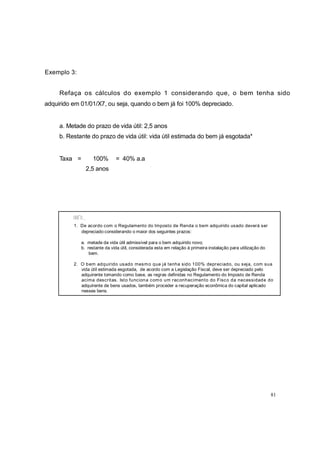 Exemplo 3:
Refaça os cálculos do exemplo 1 considerando que, o bem tenha sido
adquirido em 01/01/X7, ou seja, quando o bem já foi 100% depreciado.
a. Metade do prazo de vida útil: 2,5 anos
b. Restante do prazo de vida útil: vida útil estimada do bem já esgotada*
Taxa = 100% = 40% a.a
2,5 anos
1. De acordo com o Regulamento do Imposto de Renda o bem adquirido usado deverá ser
depreciado considerando o maior dos seguintes prazos:
a. metade da vida útil admissível para o bem adquirido novo;
b. restante da vida útil, considerada esta em relação à primeira instalação para utilização do
bem.
2. O bem adquirido usado mesmo que já tenha sido 100% depreciado, ou seja, com sua
vida útil estimada esgotada, de acordo com a Legislação Fiscal, deve ser depreciado pelo
adquirente tomando como base, as regras definidas no Regulamento do Imposto de Renda
acima descritas. Isto funciona como um reconhecimento do Fisco da necessidade do
adquirente de bens usados, também proceder a recuperação econômica do capital aplicado
nesses bens.
81
 