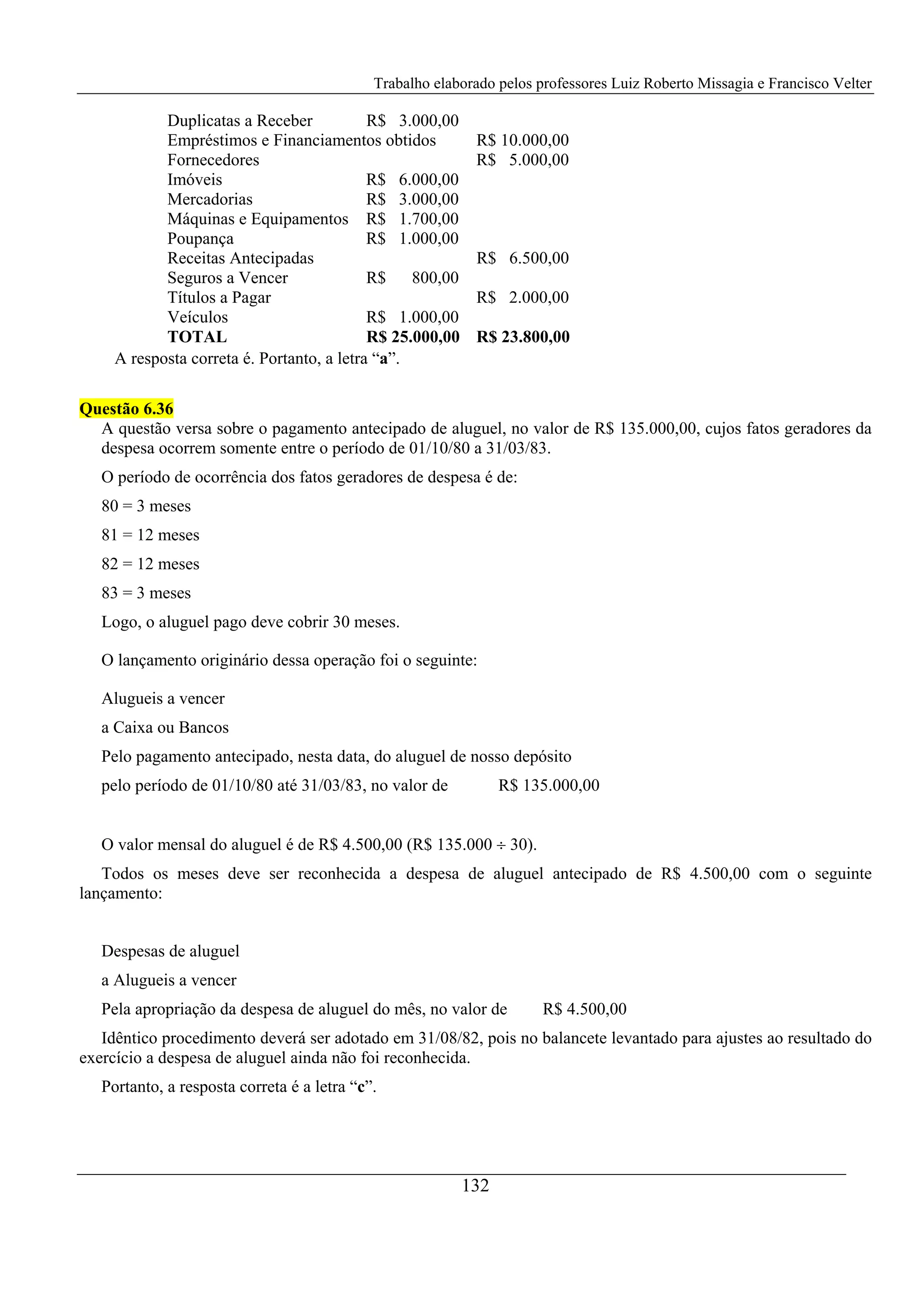 Trabalho elaborado pelos professores Luiz Roberto Missagia e Francisco Velter
132
Duplicatas a Receber R$ 3.000,00
Empréstimos e Financiamentos obtidos R$ 10.000,00
Fornecedores R$ 5.000,00
Imóveis R$ 6.000,00
Mercadorias R$ 3.000,00
Máquinas e Equipamentos R$ 1.700,00
Poupança R$ 1.000,00
Receitas Antecipadas R$ 6.500,00
Seguros a Vencer R$ 800,00
Títulos a Pagar R$ 2.000,00
Veículos R$ 1.000,00
TOTAL R$ 25.000,00 R$ 23.800,00
A resposta correta é. Portanto, a letra “a”.
Questão 6.36
A questão versa sobre o pagamento antecipado de aluguel, no valor de R$ 135.000,00, cujos fatos geradores da
despesa ocorrem somente entre o período de 01/10/80 a 31/03/83.
O período de ocorrência dos fatos geradores de despesa é de:
80 = 3 meses
81 = 12 meses
82 = 12 meses
83 = 3 meses
Logo, o aluguel pago deve cobrir 30 meses.
O lançamento originário dessa operação foi o seguinte:
Alugueis a vencer
a Caixa ou Bancos
Pelo pagamento antecipado, nesta data, do aluguel de nosso depósito
pelo período de 01/10/80 até 31/03/83, no valor de R$ 135.000,00
O valor mensal do aluguel é de R$ 4.500,00 (R$ 135.000 ÷ 30).
Todos os meses deve ser reconhecida a despesa de aluguel antecipado de R$ 4.500,00 com o seguinte
lançamento:
Despesas de aluguel
a Alugueis a vencer
Pela apropriação da despesa de aluguel do mês, no valor de R$ 4.500,00
Idêntico procedimento deverá ser adotado em 31/08/82, pois no balancete levantado para ajustes ao resultado do
exercício a despesa de aluguel ainda não foi reconhecida.
Portanto, a resposta correta é a letra “c”.
 