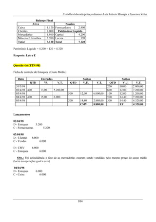 Trabalho elaborado pelos professores Luiz Roberto Missagia e Francisco Velter
104
Balanço Final
Ativo Passivo
Caixa 1.120 Fornecedores 2.800
Clientes 2.000 Patrimônio Líquido
Mercadorias 1.800 Capital 4.200
Móveis e Utensílios 2.200 Lucros 120
Total 7.120 Total 7.120
Patrimônio Líquido = 4.200 + 120 = 4.320
Resposta: Letra E
Questão 4.6 (TTN-98)
Ficha de controle de Estoques (Custo Médio)
Data Entradas Saídas Saldos
QTD VU V.T. QTD V.U. V.T. QTD V.U. V.T.
31/3/98 200 10,00 2.000,00
02/4/98 400 13,00 5.200,00 600 12,00 7.200,00
03/4/98 500 12,00 6.000,00 100 12,00 1.200,00
04/4/98 400 15,00 6.000 500 14,40 7.200,00
05/4/98 200 14,40 2.880,00 300 14,40 4.320,00
CMV 8.880,00 EF 4.320,00
Lançamentos
02/04/98
D - Estoques 5.200
C - Fornecedores 5.200
03/04/98
D - Clientes 6.000
C - Vendas 6.000
D - CMV 6.000
C - Estoques 6.000
Obs.: Foi coincidência o fato de as mercadorias estarem sendo vendidas pelo mesmo preço do custo médio
(lucro na operação igual a zero)
04/04/98
D - Estoques 6.000
C - Caixa 6.000
 