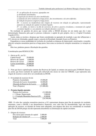 Trabalho elaborado pelos professores Luiz Roberto Missagia e Francisco Velter
169
II - as aplicações de recursos, agrupadas em:
a) dividendos distribuídos;
b) aquisição de direitos do ativo imobilizado;
c) aumento do ativo realizável a longo prazo, dos investimentos e do ativo diferido;
d) redução do passivo exigível a longo prazo.
III - o excesso ou insuficiência das origens de recursos em relação às aplicações, representando
aumento ou redução do capital circulante líquido;
IV - os saldos, no início e no fim do exercício, do ativo e passivo circulantes, o montante do capital
circulante líquido e o seu aumento ou redução durante o exercício.
Na resolução de questões de prova que versem sobre a DOAR devemos ter em mente que ela é uma
demonstração financeira pela qual se procura evidenciar o capital de giro próprio, isto é, o Capital Circulante
Líquido (CCL).
Assim, todas as receitas e despesas que foram consideradas na apuração do resultado e que não influenciam o
CCL devem ser eliminadas, quando surge o conceito de Resultado Ajustado (Lucro ou Prejuízo).
Enquadram-se nessa modalidade de exclusões do resultado as despesas de depreciação, amortização e exaustão,
além de variações monetárias passivas a longo prazo, bem como as receitas de variações monetárias e a variação no
REF.
Dito isso, podemos passar a Resolução das questões.
Considerações para RESOLUÇÃO:
1 – Havia no PL, em X1:
Capital Social 20.000,00
Reserva de Capital 4.000,00
Reserva de Lucros 2.000,00
Lucros acumulados 10.000,00
Total 36.000,00
2 – Note que houve capitalização somente das Reservas de Capital, no entanto este passou para 29.000,00. Denota-
se, assim, que houve aumento de capital pela subscrição dos sócios no valor de 5.000,00, o que representa uma
origem de recursos e assim deve ser considerada na DOAR.
3 – O resultado do exercício foi de:
Prejuízos Acumulados 19.000,00
Absorção de Lucros Acumulados 10.000,00
Absorção de Reservas de Lucros 2.000,00
Total (Prejuízo) (31.000,00)
4 – Prejuízo líquido ajustado:
Prejuízo do Exercício (31.000,00)
( + ) Despe. Depreciação 2.000,00
( + ) Variação Monetária Passivas (LP) 4.500,00
Total (24.500,00)
OBS.: O valor das variações monetárias passivas a LP, representam despesa para fins de apuração do resultado,
entretanto, como a DOAR é um demonstrativo financeiro, esse valor não foi desembolsado, logo não houve
aplicação de recursos, ou dizendo do forma mais adequada, essa despesa não deve ser considerada no resultado
para fins de DOAR porque ela não representa desembolso ou diminuição do capital circulante.
5 – Origens de recursos:
Dos sócios pelo aumento de capital 5.000,00
Redução de Clientes LP 2.000,00
Total 7.000,00
 