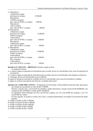 Trabalho elaborado pelos professores Luiz Roberto Missagia e Francisco Velter
26
c) Mercadorias
a Duplicatas a pagar
pelo preço de compra 13.200,00
Mercadorias
a ICMS a recuperar
pelo valor do ICMS s/ a compra 1.800,00
Mercadorias
a IPI a recolher
pelo valor do IPI s/ a compra 600,00.
d) Mercadorias
a Duplicatas a pagar
pelo preço de compra 15.000,00
ICMS a recuperar
a Mercadorias
pelo valor do ICMS s/ a compra 1.800,00
Mercadorias
a Duplicatas a pagar
pelo valor do IPI s/ a compra 600,00.
e) Mercadorias
a Duplicatas a pagar
pelo preço de compra 15.000,00
ICMS a recuperar
a Mercadorias
pelo valor do ICMS s/ a compra 1.800,00
IPI a recuperar
a Mercadorias
pelo valor do IPI s/ a compra 600,00.
Questão 4.15 (SEFA/PA – 2002/ESAF) Assinale a opção correta.
As despesas de fretes:
a) e seguros, pagas na aquisição de mercadorias para revenda, devem ser classificadas como custo de aquisição de
mercadorias;
b) e seguros, pagas na aquisição de mercadorias para revenda, devem ser classificadas como despesas comerciais;
c) não-pagas, devem ser classificadas no ativo diferido;
d) pagas na entrega de mercadorias vendidas devem ser classificadas como custo de mercadorias vendidas;
e) pagas na venda de mercadorias não alteram o resultado operacional.
Questão 4.16 (AFRF/2002–A/ESAF) – No balancete de 30 de junho, a firma Zimbra Comercial Ltda. apresentava
um estoque de mercadorias no valor de R$ 75.000,00.
Durante o mesmo mês, o movimento de entradas e saídas demonstrou: estoque inicial de R$ 60.000,00, com
compras de R$ 120.000,00 e vendas de R$ 100.000,00.
As operações foram tributadas em 10% com IPI nas compras; em 12% com ICMS nas compras; e em 17%
com ICMS nas vendas.
No mês seguinte, ao acertar as contas com o fisco, a empresa demonstrará, em relação ao movimento de junho
passado:
a) ICMS a recolher de R$ 17.000,00;
b) ICMS a recuperar de R$ 14.400,00;
c) ICMS a recuperar de R$ 4.600,00;
d) ICMS a recolher de R$ 2.600,00;
e) ICMS a recolher de R$ 1.160,00.
 