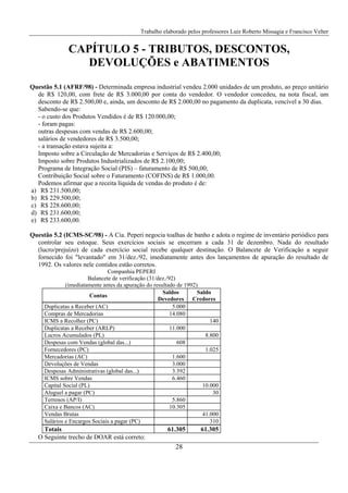 Trabalho elaborado pelos professores Luiz Roberto Missagia e Francisco Velter
28
CAPÍTULO 5 - TRIBUTOS, DESCONTOS,
DEVOLUÇÕES e ABATIMENTOS
Questão 5.1 (AFRF/98) - Determinada empresa industrial vendeu 2.000 unidades de um produto, ao preço unitário
de R$ 120,00, com frete de R$ 3.000,00 por conta do vendedor. O vendedor concedeu, na nota fiscal, um
desconto de R$ 2.500,00 e, ainda, um desconto de R$ 2.000,00 no pagamento da duplicata, vencível a 30 dias.
Sabendo-se que:
- o custo dos Produtos Vendidos é de R$ 120.000,00;
- foram pagas:
outras despesas com vendas de R$ 2.600,00;
salários de vendedores de R$ 3.500,00;
- a transação estava sujeita a:
Imposto sobre a Circulação de Mercadorias e Serviços de R$ 2.400,00;
Imposto sobre Produtos Industrializados de R$ 2.100,00;
Programa de Integração Social (PIS) – faturamento de R$ 500,00;
Contribuição Social sobre o Faturamento (COFINS) de R$ 1.000,00.
Podemos afirmar que a receita líquida de vendas do produto é de:
a) R$ 231.500,00;
b) R$ 229.500,00;
c) R$ 228.600,00;
d) R$ 231.600,00;
e) R$ 233.600,00.
Questão 5.2 (ICMS-SC/98) - A Cia. Peperi negocia toalhas de banho e adota o regime de inventário periódico para
controlar seu estoque. Seus exercícios sociais se encerram a cada 31 de dezembro. Nada do resultado
(lucro/prejuízo) de cada exercício social recebe qualquer destinação. O Balancete de Verificação a seguir
fornecido foi "levantado" em 31/dez./92, imediatamente antes dos lançamentos de apuração do resultado de
1992. Os valores nele contidos estão corretos.
Companhia PEPERI
Balancete de verificação (31/dez./92)
(imediatamente antes da apuração do resultado de 1992)
Contas
Saldos
Devedores
Saldo
Credores
Duplicatas a Receber (AC) 5.000
Compras de Mercadorias 14.080
ICMS a Recolher (PC) 140
Duplicatas a Receber (ARLP) 11.000
Lucros Acumulados (PL) 8.800
Despesas com Vendas (global das...) 608
Fornecedores (PC) 1.025
Mercadorias (AC) 1.600
Devoluções de Vendas 3.000
Despesas Administrativas (global das...) 3.392
ICMS sobre Vendas 6.460
Capital Social (PL) 10.000
Aluguel a pagar (PC) 30
Terrenos (AP/I) 5.860
Caixa e Bancos (AC) 10.305
Vendas Brutas 41.000
Salários e Encargos Sociais a pagar (PC) 310
Totais 61.305 61.305
O Seguinte trecho de DOAR está correto:
 