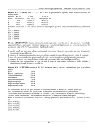 Trabalho elaborado pelos professores Luiz Roberto Missagia e Francisco Velter
36
Questão 6.13 (AFTN/96) Em 31.12.12x1 a CIA PARÁ apresentava os seguintes dados relativos aos finais de
matéria-prima
Matéria QTDE Custo Valor de
Prima em unidades Total em R$ Mercado em R$
A 1.000 2.000.000 1.800.000
B 1.500 6.000.000 7.500.000
C 2.000 8.000.000 7.000.000
Com base nestes dados, o valor total do estoque de matéria-prima que deve ser evidenciado no Balanço patrimonial
é:
a) $ 14.800,00;
b) $ 16.000,00;
c) $ 16.500,00;
d) $ 15.000,00;
e) $ 15.800,00.
Questão 6.14 (INSS/97) No balanço patrimonial, a diferença entre o valor dos ativos e dos passivos e o resultado
de exercício futuros representa o patrimônio líquido que é o valor contábil pertencente aos acionistas ou sócios. De
acordo com a Lei n.º 6.404/76, o patrimônio líquido pode incluir
1. capital social, que representa valores recebidos pela empresa ou valores por ela gerados que estão formalmente
incorporados ao capital social.
2. reservas de capital, que representam valores, recebidos, inexigíveis e que não transitam por contas de resultado.
3. provisões para contingências, representando priváveis compromissos futuros, de fatos contábeis ocorridos.
4. reservas de lucros, representando lucros obtidos pela empresa e retidos com finalidade específicas.
5. estoques de ouro, representando as reservas reais da empresa para garantir ou lastrar os títulos emitidos e
adquiridos no mercado de valores mobiliários.
Questão 6.16 (AFRF/2000) A empresa Sol S.A. apresentou valores correntes ou circulantes, com os seguintes
saldos:
Caixa 40,00
Bancos c/movimento 100,00
Valores Mobiliários 200,00
Mercadorias 600,00
Materiais de Consumo 120,00
Duplicatas a Pagar 800,00
Duplicatas Descontadas 300,00
Duplicatas a Receber 500,00
No encerramento do exercício, para promover os ajustes necessários ao Balanço, o Contador apurou que:
1) o extrato bancário indicava um cheque de R$ 20,00 emitido mas ainda não sacado pelo portador;
2) os valores mobiliários são mil ações da CSN, avaliadas a vinte e cinco centavos de real, no dia do balanço;
3) ainda faltam contabilizar R$ 40,00 da receita antecipada e R$ 150,00 de despesas antecipadas.
Feitas as atualizações contabilmente necessárias, o balanço patrimonial apresentará um Ativo Circulante no valor
de:
a) R$ 1.150,00;
b) R$ 1.300,00;
c) R$ 1.320,00;
d) R$ 1.410,00;
e) R$ 1.370,00.
 