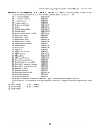 Trabalho elaborado pelos professores Luiz Roberto Missagia e Francisco Velter
42
Questão 6.34. (PREFEITURA DE NATAL–RN / 2001 ESAF) – Abaixo estão relacionadas as trinta e uma
contas movimentadas pela Cia. de Comércio Beta, conforme Razão Geral de 31.12.00:
01 –Ações de coligadas R$1.200,00
02 –Ações em tesouraria R$300,00
03 –Aluguéis ativos R$200,00
04 –Aluguéis passivos R$550,00
05 –Bancos c/ aplicação R$1.100,00
06 –Caixa R$1.200,00
07 –Capital a integralizar R$3.000,00
08 –Capital social R$10.000,00
09 –Custo da mercadoria vendida R$3.800,00
10 –Despesas a pagar R$160,00
11 –Despesas a vencer R$280,00
12 –Duplicatas a pagar R$3.000,00
13 –Duplicatas a receber R$1.000,00
14 –Duplicatas descontadas R$800,00
15 –Fornecedores R$4.000,00
16 –Edificações R$5.000,00
17 –Impostos R$650,00
18 –Impostos a recolher R$500,00
19 –Matéria-prima R$1.300,00
20 –Mercadorias R$2.500,00
21 –Móveis e utensílios R$3.500,00
22 –Participações acionárias R$800,00
23 –Participação de empregados R$320,00
24 –Provisão p/ ajuste de estoques R$150,00
25 –Provisão p/ imposto de renda R$700,00
26 –Receitas a receber R$600,00
27 –Receitas a vencer R$250,00
28 –Receita bruta de vendas R$6.000,00
29 –Reservas de capital R$350,00
30 –Reservas de lucros R$400,00
31 –Lucros ou prejuízos acumulados com saldo igual à diferença entre devedores e credores.
Considerando-se, exclusivamente, a relação, podemos afirmar que a empresa demonstra um patrimônio bruto
de:
a) R$ 10.750,00; b) R$ 17.530,00;
c) R$ 17.940,00; d) R$ 18.290,00;
e) R$ 18.480,00.
 