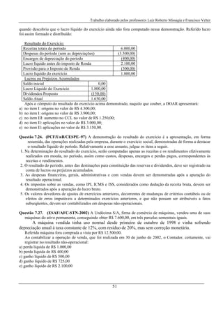 Trabalho elaborado pelos professores Luiz Roberto Missagia e Francisco Velter
51
quando descobriu que o lucro líquido do exercício ainda não fora computado nessa demonstração. Referido lucro
foi assim formado e distribuído:
Resultado do Exercício:
Receitas totais do período 6.000,00
Despesas do período (sem as depreciações) (3.500,00)
Encargos de depreciação do período (400,00)
Lucro líquido antes do imposto de Renda 2.100,00
Provisão para o Imposto de Renda (300,00)
Lucro líquido do exercício 1.800,00
Lucros ou Prejuízos Acumulados
Saldo inicial 0,00
Lucro Liquido do Exercício 1.800,00
Dividendos Proposto (150,00)
Saldo Atual 1.650,00
Após o cômputo do resultado do exercício acima demonstrado, naquilo que couber, a DOAR apresentará:
a) no item I: origens no valor de R$ 4.300,00;
b) no item I: origens no valor de R$ 3.900,00;
c) no item III: aumento no CCL no valor de R$ 1.250,00;
d) no item II: aplicações no valor de R$ 3.000,00;
e) no item II: aplicações no valor de R$ 3.150,00.
Questão 7.26. (PCF/UnB/CESPE–97) A demonstração do resultado do exercício é a apresentação, em forma
resumida, das operações realizadas pela empresa, durante o exercício social, demonstradas de forma a destacar
o resultado líquido do período. Relativamente a esse assunto, julgue os itens a seguir.
1. Na determinação do resultado do exercício, serão computadas apenas as receitas e os rendimentos efetivamente
realizados em moeda, no período, assim como custos, despesas, encargos e perdas pagos, correspondentes às
receitas e rendimentos.
2. O resultado do período, antes das destinações para constituição das reservas e dividendos, deve ser registrado na
conta de lucros ou prejuízos acumulados.
3. As despesas financeiras, gerais, administrativas e com vendas devem ser demonstradas após a apuração do
resultado operacional.
4. Os impostos sobre as vendas, como IPI, ICMS e ISS, considerados como dedução da receita bruta, devem ser
demonstrados após a apuração do lucro bruto.
5. Os valores devedores de ajustes de exercícios anteriores, decorrentes de mudanças de critérios contábeis ou de
efeitos de erros imputáveis a determinados exercícios anteriores, e que não possam ser atribuíveis a fatos
subseqüentes, devem ser contabilizados em despesas não-operacionais.
Questão 7.27. (ESAF/AFC-STN-2002) A Undécima S/A, firma de comércio de máquinas, vendeu uma de suas
máquinas do ativo permanente, conseguindo obter R$ 7.600,00, em três parcelas semestrais iguais.
A máquina vendida tinha uso normal desde primeiro de outubro de 1998 e vinha sofrendo
depreciação anual à taxa constante de 12%, com resíduo de 20%, mas sem correção monetária.
Referida máquina fora comprada a vista por R$ 12.500,00.
Ao contabilizar a operação de venda, que foi realizada em 30 de junho de 2002, o Contador, certamente, vai
registrar no resultado não-operacional:
a) perda líquida de R$ 1.000,00
b) perda líquida de R$ 400,00
c) ganho líquido de R$ 500,00
d) ganho líquido de R$ 725,00
e) ganho líquido de R$ 2.100,00
 