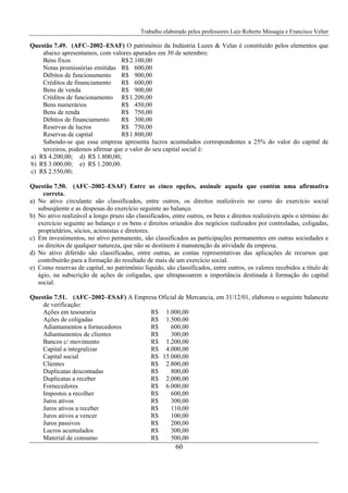 Trabalho elaborado pelos professores Luiz Roberto Missagia e Francisco Velter
60
Questão 7.49. (AFC–2002–ESAF) O patrimônio da Indústria Luzes & Velas é constituído pelos elementos que
abaixo apresentamos, com valores apurados em 30 de setembro:
Bens fixos R$2.100,00
Notas promissórias emitidas R$ 600,00
Débitos de funcionamento R$ 900,00
Créditos de financiamento R$ 600,00
Bens de venda R$ 900,00
Créditos de funcionamento R$1.200,00
Bens numerários R$ 450,00
Bens de renda R$ 750,00
Débitos de financiamento R$ 300,00
Reservas de lucros R$ 750,00
Reservas de capital R$1.800,00
Sabendo-se que essa empresa apresenta lucros acumulados correspondentes a 25% do valor do capital de
terceiros, podemos afirmar que o valor do seu capital social é:
a) R$ 4.200,00; d) R$ 1.800,00;
b) R$ 3.000,00; e) R$ 1.200,00.
c) R$ 2.550,00;
Questão 7.50. (AFC–2002–ESAF) Entre as cinco opções, assinale aquela que contém uma afirmativa
correta.
a) No ativo circulante são classificados, entre outros, os direitos realizáveis no curso do exercício social
subseqüente e as despesas do exercício seguinte ao balanço.
b) No ativo realizável a longo prazo são classificados, entre outros, os bens e direitos realizáveis após o término do
exercício seguinte ao balanço e os bens e direitos oriundos dos negócios realizados por controladas, coligadas,
proprietários, sócios, acionistas e diretores.
c) Em investimentos, no ativo permanente, são classificados as participações permanentes em outras sociedades e
os direitos de qualquer natureza, que não se destinem à manutenção da atividade da empresa.
d) No ativo diferido são classificadas, entre outras, as contas representativas das aplicações de recursos que
contribuirão para a formação do resultado de mais de um exercício social.
e) Como reservas de capital, no patrimônio líquido, são classificados, entre outros, os valores recebidos a título de
ágio, na subscrição de ações de coligadas, que ultrapassarem a importância destinada à formação do capital
social.
Questão 7.51. (AFC–2002–ESAF) A Empresa Oficial de Mercancia, em 31/12/01, elaborou o seguinte balancete
de verificação:
Ações em tesouraria R$ 1.000,00
Ações de coligadas R$ 1.500,00
Adiantamentos a fornecedores R$ 600,00
Adiantamentos de clientes R$ 300,00
Bancos c/ movimento R$ 1.200,00
Capital a integralizar R$ 4.000,00
Capital social R$ 15.000,00
Clientes R$ 2.800,00
Duplicatas descontadas R$ 800,00
Duplicatas a receber R$ 2.000,00
Fornecedores R$ 6.000,00
Impostos a recolher R$ 600,00
Juros ativos R$ 300,00
Juros ativos a receber R$ 110,00
Juros ativos a vencer R$ 100,00
Juros passivos R$ 200,00
Lucros acumulados R$ 300,00
Material de consumo R$ 500,00
 