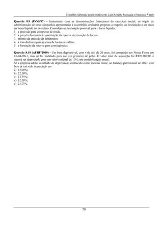Trabalho elaborado pelos professores Luiz Roberto Missagia e Francisco Velter
70
Questão 8.9 (INSS/97) - Juntamente com as demonstrações financeiras do exercício social, os órgão de
administração de uma companhia apresentarão à assembléia ordinária proposta a respeito da destinação a ser dada
ao lucro líquido do exercício. Considera-se destinação possível para o lucro líquido;
1. a provisão para o imposto de renda.
2. a parcela destinada à constituição da reserva de retenção de lucros.
3. prêmio da emissão de debêntures.
4. a transferência para reserva de lucros a realizar.
5. a formação da reserva para contingências.
Questão 8.10 (AFRF/2000) - Um bem depreciável, com vida útil de 20 anos, foi comprado por Nossa Firma em
01-04-20x1, mas só foi instalado para uso em primeiro de julho. O valor total da aquisição foi R$20.000,00 e
deverá ser depreciado com um valor residual de 10%, em contabilização anual.
Se a empresa adotar o método de depreciação conhecido como método linear, no balanço patrimonial de 20x3, este
bem já terá sido depreciado em
a) 15,00%;
b) 22,50%;
c) 13,75%;
d) 12,50%;
e) 23,75%.
 