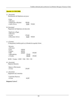 Trabalho elaborado pelos professores Luiz Roberto Missagia e Francisco Velter
93
Questão 3.2 (TRF/2000)
a) (Incorreta)
Recebimento de Duplicata com juros
Caixa
a Diversos
a Duplicatas a Receber 300,00
a Juros Ativos 30,00 330,00
b) (Incorreta)
Pagamento de Duplicata com desconto
Duplicatas a Pagar
a Diversos
a Caixa 270,00
a Descontos Ativos 30,00 300,00
c) (Correta)
O lançamento também pode ser efetuado da seguinte forma:
Diversos
a Diversos
Caixa 100,00
Clientes 400,00
CMV 350,00 850,00
a Mercadorias 350,00
a Vendas 500,00 850,00
RCM = Vendas – CMV = 500 – 350 = 150
d) (Incorreta)
Depósito Bancário
Bancos c/Movimento
a Caixa 250,00
e) (Incorreta)
Pagamento de Comissões
Comissões Passivas
a Caixa 60,00
Resposta: Letra C
 