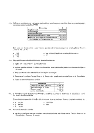 !
013. Ao final do período do ano 1, antes da destinação do lucro líquido do exercício, observaram-se os seguin-
tes saldos nas contas da Cia. PVSN:
Com base nos dados acima, o valor máximo que deverá ser destinado para a constituição da Reserva
Legal, no ano 1, é de:
a. 200 d. não existe obrigação de constituição de reserva
b. 1.000 e. 50
c. 100
014. São classificadas no Patrimônio Líquido, as seguintes somas:
a. Ações em Tesouraria e/ou Quotas Liberadas
b. Capital Social a Realizar e Dividendos Distribuídos Antecipadamente (por contado resultado do perío-
do-base)
c. Prejuízos Acumulados e Reserva de Bônus para Subscrição
d. Reserva de Incentivos Fiscais, Reserva de Subvenções para Investimentos e Reserva de Reavaliação
e. Todas as alternativas estão corretas
015. O Patrimônio Liquido da Comercial PVSN S/A, em 31-12-X3, antes da destinação do resultado do exercí-
cio, estava assim constituída:
O lucro líquido do exercício foi de $ 4.000,00, do qual deve se destinar a Reserva Legal a importância de:
a. $ 1.040,00 d. $ 2.000,00
b. $ 400,00 e. zero
c. $ 40,00
016. Assinale a alternativa correta:
a. os Grupos de Reservas que compõem o Patrimônio Líquido são: Reservas de Capital, Reservas de
Reavaliação e Reservas de Lucros
Elementos $
Capital Social 20.000,00
Reserva Legal 5.000,00
Reservas de Capital:
• Correção Monetária do Capital 10.000,00
• Doações e Subvenções p/Investimentos 5.000,00
Lucro Liquido do Período-base ano 1 4.000,00
Elementos $
Capital Social (valor corrigido) 20.000,00
Ágio na Emissão de Ações 400,00
Reserva Legal 3.960,00
Lucros Acumulados 600,00
 