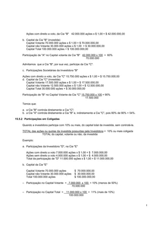 !
Ações com direito a voto, da Cia "B" 42.000.000 ações x $ 1,00 = $ 42.000.000,00
b. Capital da Cia "B" (investida)
Capital Votante 70.000.000 ações x $ 1,00 = $ 70.000.000,00
Capital não Votante 30.000.000 ações x $ 1,00 = $ 30.000.000,00
Capital Total 100.000.000 ações = $ 100.000.000,00
Participação de "A" no Capital votante da Cia "B" 42.000.000 x 100 = 60%
70.000.000
Admitamos que a Cia "B", por sua vez, participe da Cia "C":
c. Participações Societárias da Investidora "B"
Ações com direito a voto, da Cia "C" 15.750.000 ações x $ 1,00 = $ 15.750.000,00
d. Capital da Cia "C" (investida)
Capital Votante 17.500.000 ações x $ 1,00 = $ 17.500.000,00
Capital não Votante 12.500.000 ações x $ 1,00 = $ 12.500.000,00
Capital Total 30.000.000 ações = $ 30.000.000,00
Participação de "B" no Capital Votante da Cia "C" 15.750.000 x 100 = 90%
17.500.000
Temos que:
a. a Cia "B" controla diretamente a Cia "C";
b. a Cia "A" controla diretamente a Cia "B" e, indiretamente a Cia "C", pois 60% de 90% = 54%.
15.5.2 Participações em Coligadas
Quando a investidora participa com 10% ou mais, do capital total da investida, sem controlá-la.
TOTAL das ações ou quotas da investida possuídas pela Investidora = 10% ou mais coligada
TOTAL do capital, votante ou não, da investida
Exemplo:
a. Participações da Investidora "D", na Cia "E"
Ações com direito a voto 7.000.000 ações x $ 1,00 = $ 7.000.000,00
Ações sem direito a voto 4.000.000 ações x $ 1,00 = $ 4.000.000,00
Total da participação de "D" 11.000.000 ações x $ 1,00 = $ 11.000.000,00
b. Capital da Cia "E"
Capital Votante 70.000.000 ações $ 70.000.000,00
Capital não Votante 30.000.000 ações $ 30.000.000,00
Total 100.000.000 ações $ 100.000.000,00
– Participação no Capital Votante = 7.000.000 x 100 = 10% (menos de 50%)
70.000.000
– Participação no Capital Total = 11.000.000 x 100 = 11% (mais de 10%)
100.000.000
 