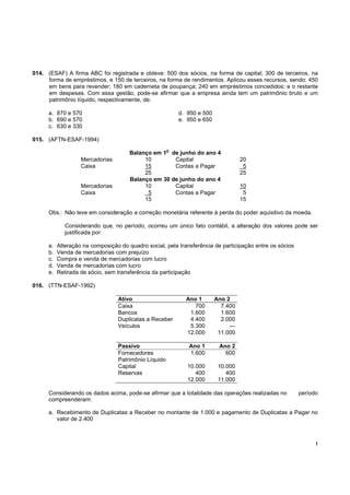 !
014. (ESAF) A firma ABC foi registrada e obteve: 500 dos sócios, na forma de capital; 300 de terceiros, na
forma de empréstimos, e 150 de terceiros, na forma de rendimentos. Aplicou esses recursos, sendo: 450
em bens para revender; 180 em caderneta de poupança; 240 em empréstimos concedidos; e o restante
em despesas. Com essa gestão, pode-se afirmar que a empresa ainda tem um patrimônio bruto e um
patrimônio Iíquido, respectivamente, de:
a. 870 e 570 d. 950 e 500
b. 690 e 570 e. 950 e 650
c. 630 e 330
015. (AFTN-ESAF-1994)
Balanço em 1
o
de junho do ano 4
Mercadorias 10 Capital 20
Caixa 15 Contas a Pagar 5
25 25
Balanço em 30 de junho do ano 4
Mercadorias 10 Capital 10
Caixa 5 Contas a Pagar 5
15 15
Obs.: Não leve em consideração a correção monetária referente à perda do poder aquisitivo da moeda.
Considerando que, no período, ocorreu um único fato contábil, a alteração dos valores pode ser
justificada por:
a. Alteração na composição do quadro social, pela transferência de participação entre os sócios
b. Venda de mercadorias com prejuízo
c. Compra e venda de mercadorias com lucro
d. Venda de mercadorias com lucro
e. Retirada de sócio, sem transferência da participação
016. (TTN-ESAF-1992)
Ativo Ano 1 Ano 2
Caixa 700 7.400
Bancos 1.600 1.600
Duplicatas a Receber 4.400 2.000
Veículos 5.300 —
12.000 11.000
Passivo Ano 1 Ano 2
Fornecedores 1.600 600
Patrimônio Líquido
Capital 10.000 10.000
Reservas 400 400
12.000 11.000
Considerando os dados acima, pode-se afirmar que a totalidade das operações realizadas no período
compreenderam:
a. Recebimento de Duplicatas a Receber no montante de 1.000 e pagamento de Duplicatas a Pagar no
valor de 2.400
 