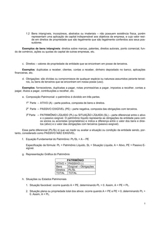 !
1.2 Bens intangíveis, incorpóreos, abstratos ou imateriais – não possuem existência física, porém
representam uma aplicação de capital indispensável aos objetivos da empresa, e cujo valor resi-
de em direitos de propriedade que são legalmente que são legalmente conferidos aos seus pos-
suidores.
Exemplos de bens intangíveis: direitos sobre marcas, patentes, direitos autorais, ponto comercial, fun-
do de comércio, ações ou quotas do capital de outras empresas, etc.
c. Direitos – valores de propriedade da entidade que se encontram em posse de terceiros.
Exemplos: duplicatas a receber, clientes, contas a receber, dinheiro depositado no banco, aplicações
financeiras, etc.
d. Obrigações: são dívidas ou compromissos de qualquer espécie ou natureza assumidos perante tercei-
ros, ou bens de terceiros que se encontram em nossa posse (uso).
Exemplos: fornecedores, duplicatas a pagar, notas promissórias a pagar, impostos a recolher, contas a
pagar, títulos a pagar, contribuições a recolher, etc.
e. Composição Patrimonial: o patrimônio é dividido em três partes.
1
a
Parte – ATIVO (A) - parte positiva, composta de bens e direitos.
2
a
Parte – PASSIVO EXIGÍVEL (PE) - parte negativa, composta das obrigações com terceiros.
3
a
Parte – PATRIMÔNIO LÍQUIDO (PL) ou SITUAÇÃO LÍQUIDA (SL) – parte diferencial entre o ativo
e o passivo exigível. O patrimônio líquido representa as obrigações da entidade para com
os sócios ou acionistas (proprietários) e indica a diferença entre o valor dos bens e direi-
tos (ativo) e o valor das obrigações com terceiros (passivo exigível).
Essa parte diferencial (PL/SL) é que vai medir ou avaliar a situação ou condição da entidade sendo, por-
tanto, considerado como PASSIVO NÃO EXIGÍVEL.
f. Equação Fundamental do Patrimônio: PL/SL = A – PE
Especificação da fórmula: PL = Patrimônio Líquido, SL = Situação Líquida, A = Ativo, PE = Passivo E-
xigível.
g. Representação Gráfica do Patrimônio
PATRIMÔNIO
ATIVO + PASSIVO (-)
Bens Exigível – Obrigações
Direitos PL/SL
TOTAL TOTAL
h. Situações ou Estados Patrimoniais
1. Situação favorável: ocorre quando A > PE, determinando PL > 0. Assim, A = PE + PL.
2. Situação plena ou propriedade total dos ativos: ocorre quando A > PE e PE = 0, determinando PL >
0. Assim, A = PL.
 