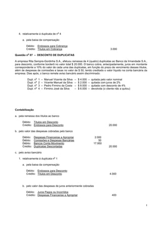 !
4. relativamente à duplicata de n
o
4
a. pela baixa da compensação
Débito: Endossos para Cobrança
Crédito: Títulos em Cobrança 3.000
Questão n
o
07 – DESCONTO DE DUPLICATAS
A empresa Rita Sempre-Gordinha S.A., efetuou remessa de 4 (quatro) duplicatas ao Banco da Irmandade S.A.,
para desconto, conforme borderô no valor total $ 20.000. O banco cobra, antecipadamente, juros em montante
correspondente a 10% do valor de cada uma das duplicatas, em função do prazo de vencimento desses títulos,
além de despesas de comissões e taxas no valor de $ 50, tendo creditado o valor líquido na conta bancária da
empresa. Dias após, o banco remete aviso bancário assim discriminado:
Dupl. n
o
1 – Manuel Vicente da Silva – $ 4.000 – quitada pelo valor nominal
Dupl. n
o
2 – Vicente Manuel da Silva – $ 2.000 – quitada com juros de 2%
Dupl. n
o
3 – Pedro Firmino da Costa – $ 8.000 – quitada com desconto de 4%
Dupl. n
o
4 – Firmino José da Silva – $ 6.000 – devolvida (o cliente não a quitou)
Contabilização
a. pela remessa dos títulos ao banco
Débito: Títulos em Desconto
Crédito: Endossos para Desconto 20.000
b. pelo valor das despesas cobradas pelo banco
Débito: Despesas Financeiras a Apropriar 2.000
Débito: Comissões e Despesas Bancárias 50
Débito: Bancos Conta Movimento 17.950
Crédito: Duplicatas Descontadas 20.000
c. pelo aviso bancário
1. relativamente à duplicata n
o
1
a. pela baixa da compensação
Débito: Endossos para Desconto
Crédito: Títulos em Desconto 4.000
b. pelo valor das despesas de juros anteriormente cobradas
Débito: Juros Pagos ou Incorridos
Crédito: Despesas Financeiras a Apropriar 400
 