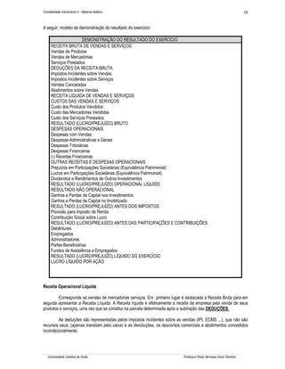 Contabilidade Introdutória II – Material didático                                                                    38


A seguir, modelo de demonstração do resultado do exercício:

                        DEMONSTRAÇÃO DO RESULTADO DO EXERCÍCIO
      RECEITA BRUTA DE VENDAS E SERVIÇOS
      Vendas de Produtos
      Vendas de Mercadorias
      Serviços Prestados
      DEDUÇÕES DA RECEITA BRUTA
      Impostos Incidentes sobre Vendas
      Impostos Incidentes sobre Serviços
      Vendas Canceladas
      Abatimentos sobre Vendas
      RECEITA LÍQUIDA DE VENDAS E SERVIÇOS
      CUSTOS DAS VENDAS E SERVIÇOS
      Custo dos Produtos Vendidos
      Custo das Mercadorias Vendidas
      Custo dos Serviços Prestados
      RESULTADO (LUCRO/PREJUÍZO) BRUTO
      DESPESAS OPERACIONAIS
      Despesas com Vendas
      Despesas Administrativas e Gerais
      Despesas Tributárias
      Despesas Financeiras
      (-) Receitas Financeiras
      OUTRAS RECEITAS E DESPESAS OPERACIONAIS
      Prejuízos em Participações Societárias (Equivalência Patrimonial)
      Lucros em Participações Societárias (Equivalência Patrimonial)
      Dividendos e Rendimentos de Outros Investimentos
      RESULTADO (LUCRO/PREJUÍZO) OPERACIONAL LÍQUIDO
      RESULTADO NÃO OPERACIONAL
      Ganhos e Perdas de Capital nos Investimentos
      Ganhos e Perdas de Capital no Imobilizado
      RESULTADO (LUCRO/PREJUÍZO) ANTES DOS IMPOSTOS
      Provisão para Imposto de Renda
      Contribuição Social sobre Lucro
      RESULTADO (LUCRO/PREJUÍZO) ANTES DAS PARTICIPAÇÕES E CONTRIBUIÇÕES
      Debêntures
      Empregados
      Administradores
      Partes Beneficiárias
      Fundos de Assistência a Empregados
      RESULTADO (LUCRO/PREJUÍZO) LÍQUIDO DO EXERCÍCIO
      LUCRO LÍQUIDO POR AÇÃO




Receita Operacional Liquida

        Corresponde as vendas de mercadorias serviços. Em primeiro lugar é destacada a Receita Bruta para em
seguida apresentar a Receita Líquida. A Receita líquida é efetivamente a receita da empresa pela venda de seus
produtos e serviços, uma vez que se constitui na parcela determinada após a subtração das DEDUÇÕES.

         As deduções são representadas pelos impostos incidentes sobre as vendas (IPI, ECMS ...), que não são
recursos seus; (apenas transitam pelo caixa) e as devoluções, os descontos comerciais e abatimentos concedidos
incondicionalmente.




   Universidade Católica de Goiás                                          Professor Paulo Henrique Alves Parreira
 
