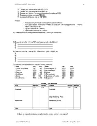 Contabilidade Introdutória II – Material didático                                                                              43


        10.    Despesa com Aluguel de Escritório R$ 500.00
        11.    Despesa com Assinatura de Jornais R$ 50.00
        12.    Despesa com Salários Funcionários (vendedores) no valor de 3.000
        13.    Despesas com taxas bancarias R$ 80,00.
        14.    Venda de Imobilizado a vista por R$ 15.000.

  Pede-se
                    Realize os lançamentos de acordo com o livro diário e Razão.
                     •
                    Calcule o Custo das Mercadorias Vendidas de acordo com o inventário permanente e periódico (
                     •
                    CMV= Ei + Compras – Ef.)
               • Apure o Resultado do Exercício;
               • Demonstre o Resultado do Exercício.
4) Qual e o Conceito de Balanço Patrimonial segundo a Resolução 686 de 1990:




5) De acordo com a Lei 6.404 de 1976, o ativo permanente e dividido em :
  a) _______________________________________________
  b) _______________________________________________
  c) _______________________________________________

6) De acordo com a Lei 6.404 de 1976, o Patrimônio Líquido e dividido em:
  a) _______________________________________________
  b) _______________________________________________
  c) _______________________________________________
  d) _______________________________________________
  e) _______________________________________________

7) De acordo com os dados abaixo elabore o balanço patrimonial:
  Contas                       2003 2004 Contas                                        2003            2004
  1. Lucros Acumulados         500     1.000 7. Financiamento LP                       2.000           2.000
  2. Diferido                  1.000 1.000 8. Contas a Pagar                           2.000           3.000
  3. Reservas                  1.000 1.500 9. Estoque                                  1.800           2.200
  4. Imobilizado               2.000 3.000 10. Fornecedores                            1.000           2.000
  5. Capital                   500     500      11. Duplicatas a Receber               1.000           1.500
  6. Investimentos             1.000 2.000 12. Disponível                              200             300


                                                          BALANÇO PATRIMONIAL
  Ativo                                        Período   Período  Passivo                        Período        Período
                                               2003      2004                                    2003           2004
  Circulante                                                      Circulante



                                                                  Exigível a Longo Prazo

  Permanente                                                      Patrimônio Líquido



  Total                                                           Total


        8) Quais os grupos de contas que compõem o ativo, passivo exigível e não exigível?



     Universidade Católica de Goiás                                                    Professor Paulo Henrique Alves Parreira
 