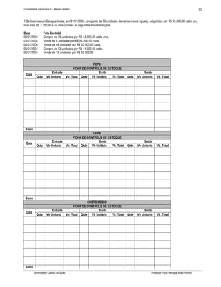 22

Contabilidade Introdutória II – Material didático

1.Se tivermos um Estoque Inicial, em 01/01/2004, composto de 50 unidades de carros novos (iguais), adquiridos por R$ 45.000,00 cada um,
num total R$ 2.250,00 e no mês ocorreu as seguintes movimentações:
Data
02/01/2004
03/01/2004
04/01/2004
05/01/2004
06/01/2004

Data

Fato Contábil
Compra de 15 unidades por R$ 43.000,00 cada uma.
Venda de 6 unidades por R$ 55.000,00 cada.
Venda de 44 unidades por R$ 52.000,00 cada.
Compra de 12 unidades por R$ 41.000,00 cada.
Venda de 15 unidades por R$ 50.000,00

Qtde

PEPS
FICHA DE CONTROLE DE ESTOQUE
Entrada
Saída
Vlr Unitário Vlr. Total Qtde Vlr Unitário
Vlr. Total Qtde

Saldo
Vlr Unitário

Vlr. Total

Qtde

UEPS
FICHA DE CONTROLE DE ESTOQUE
Entrada
Saída
Vlr Unitário Vlr. Total Qtde Vlr Unitário
Vlr. Total Qtde

Saldo
Vlr Unitário

Vlr. Total

Qtde

CUSTO MEDIO
FICHA DE CONTROLE DE ESTOQUE
Entrada
Saída
Vlr Unitário Vlr. Total Qtde Vlr Unitário
Vlr. Total Qtde

Saldo
Vlr Unitário

Vlr. Total

Soma

Data

Soma

Data

Soma
Universidade Católica de Goiás

Professor Paulo Henrique Alves Parreira

 