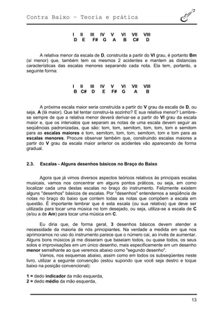 Contra Baixo – Teoria e prática
13
I II III IV V VI VII VIII
D E F# G A B C# D
A relativa menor da escala de D, construída a partir do VI grau, é portanto Bm
(si menor) que, também tem os mesmos 2 acidentes e mantem as distancias
características das escalas menores separando cada nota. Ela tem, portanto, a
seguinte forma:
I II III IV V VI VII VIII
B C# D E F# G A B
A próxima escala maior seria construída a partir do V grau da escala de D, ou
seja, A (lá maior). Que tal tentar construi-la sozinho? E sua relativa menor? Lembre-
se sempre de que a relativa menor deverá derivar-se a partir do VI grau da escala
maior e, que os intervalos que separam as notas de uma escala devem seguir as
seqüências padronizadas, que são: tom, tom, semitom, tom, tom, tom e semitom
para as escalas maiores e tom, semitom, tom, tom, semitom, tom e tom para as
escalas menores. Procure observar também que, construindo escalas maiores a
partir do V grau da escala maior anterior os acidentes vão aparecendo de forma
gradual.
2.3. Escalas - Alguns desenhos básicos no Braço do Baixo
Agora que já vimos diversos aspectos teóricos relativos às principais escalas
musicais, vamos nos concentrar em alguns pontos práticos, ou seja, em como
localizar cada uma destas escalas no braço do instrumento. Felizmente existem
alguns "desenhos" básicos de escalas. Por "desenhos" entendemos a seqüência de
notas no braço do baixo que contem todas as notas que compõem a escala em
questão. É importante lembrar que é esta escala (ou sua relativa) que deve ser
utilizada para tocar uma música no tom desejado, ou seja, utiliza-se a escala de C
(e/ou a de Am) para tocar uma música em C.
Eu diria que, de forma geral, 3 desenhos básicos devem atender a
necessidade da maioria de nós principiantes. Na verdade a medida em que nos
aprimoramos no uso do instrumento parece que o número cai, ao invés de aumentar.
Alguns bons músicos já me disseram que baseiam todos, ou quase todos, os seus
solos e improvisações em um único desenho, mais especificamente em um desenho
menor semelhante ao que veremos abaixo como "segundo desenho".
Vamos, nos esquemas abaixo, assim como em todos os subseqüentes neste
livro, utilizar a seguinte convenção (estou supondo que você seja destro e toque
baixo na posição convencional):
1 = dedo indicador da mão esquerda,
2 = dedo médio da mão esquerda,
 