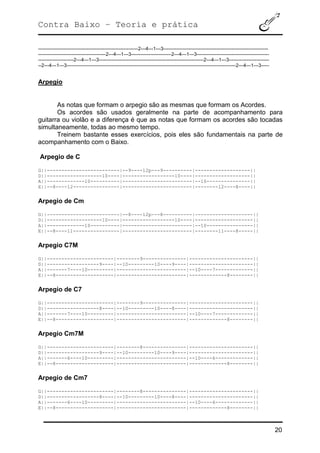 Contra Baixo – Teoria e prática
20
--------------------------------------------------------------2---4---1---3-----------------------------------------------------------------
------------------------------------------2---4---1---3-------------------------2---4---1---3---------------------------------------------
----------------------2---4---1---3-----------------------------------------------------------------2---4---1---3-------------------------
--2---4---1---3---------------------------------------------------------------------------------------------------------2---4---1---3-----
Arpegio
As notas que formam o arpegio são as mesmas que formam os Acordes.
Os acordes são usados geralmente na parte de acompanhamento para
guitarra ou violão e a diferença é que as notas que formam os acordes são tocadas
simultaneamente, todas ao mesmo tempo.
Treinem bastante esses exercícios, pois eles são fundamentais na parte de
acompanhamento com o Baixo.
Arpegio de C
G||-------------------------|--9----12p---9----------|-------------------||
D||-------------------10----|------------------10----|-------------------||
A||-------------10----------|------------------------|--10---------------||
E||--8----12----------------|------------------------|--------12----8----||
Arpegio de Cm
G||-------------------------|--8----12p---8----------|--------------------||
D||-------------------10----|------------------10----|--------------------||
A||-------------10----------|------------------------|--10----------------||
E||--8----11----------------|------------------------|--------11----8-----||
Arpegio C7M
G||-----------------------|--------9---------------|----------------------||
D||------------------9----|--10---------10----9----|----------------------||
A||-------7----10---------|------------------------|--10----7-------------||
E||--8--------------------|------------------------|-------------8--------||
Arpegio de C7
G||-----------------------|--------9---------------|----------------------||
D||------------------8----|--10---------10----8----|----------------------||
A||-------7----10---------|------------------------|--10----7-------------||
E||--8--------------------|------------------------|-------------8--------||
Arpegio Cm7M
G||-----------------------|--------8---------------|----------------------||
D||------------------9----|--10---------10----9----|----------------------||
A||-------6----10---------|------------------------|--10----6-------------||
E||--8--------------------|------------------------|-------------8--------||
Arpegio de Cm7
G||-----------------------|--------8---------------|----------------------||
D||------------------8----|--10---------10----8----|----------------------||
A||-------6----10---------|------------------------|--10----6-------------||
E||--8--------------------|------------------------|-------------8--------||
 