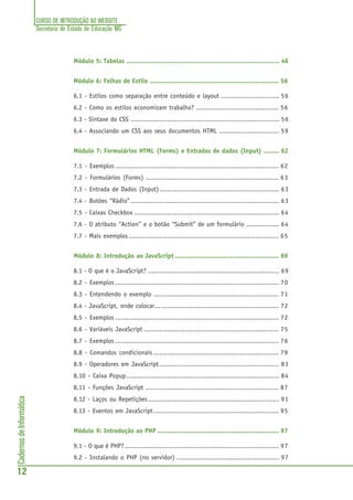 CURSO DE INTRODUÇÃO AO WEBSITE
Secretaria de Estado de Educação MG
12
CadernosdeInformática
Módulo 5: Tabelas ............................................................................... 46
Módulo 6: Folhas de Estilo ................................................................... 56
6.1 - Estilos como separação entre conteúdo e layout .............................. 56
6.2 - Como os estilos economizam trabalho? ........................................... 56
6.3 - Sintaxe do CSS ............................................................................. 56
6.4 - Associando um CSS aos seus documentos HTML ............................... 59
Módulo 7: Formulários HTML (Forms) e Entradas de dados (Input) ........ 62
7.1 - Exemplos ..................................................................................... 62
7.2 - Formulários (Forms) ..................................................................... 63
7.3 - Entrada de Dados (Input).............................................................. 63
7.4 - Botões “Rádio”............................................................................. 63
7.5 - Caixas Checkbox ........................................................................... 64
7.6 - O atributo “Action” e o botão “Submit” de um formulário ................. 64
7.7 - Mais exemplos.............................................................................. 65
Módulo 8: Introdução ao JavaScript ...................................................... 69
8.1 - O que é o JavaScript? .................................................................... 69
8.2 - Exemplos ..................................................................................... 70
8.3 - Entendendo o exemplo ................................................................. 71
8.4 - JavaScript, onde colocar... ............................................................. 72
8.5 - Exemplos ..................................................................................... 72
8.6 - Variáveis JavaScript ...................................................................... 75
8.7 - Exemplos ..................................................................................... 76
8.8 - Comandos condicionais ................................................................. 79
8.9 - Operadores em JavaScript.............................................................. 83
8.10 - Caixa Popup ............................................................................... 84
8.11 - Funções JavaScript ..................................................................... 87
8.12 - Laços ou Repetições.................................................................... 91
8.13 - Eventos em JavaScript................................................................. 95
Módulo 9: Introdução ao PHP ............................................................... 97
9.1 - O que é PHP?................................................................................ 97
9.2 - Instalando o PHP (no servidor) ..................................................... 97
 