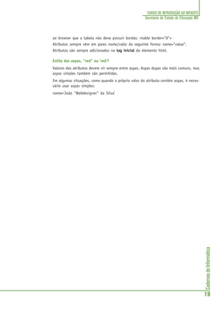 CadernosdeInformática
19
CURSO DE INTRODUÇÃO AO WEBSITE
Secretaria de Estado de Educação MG
ao browser que a tabela não deve possuir bordas: <table border="0">
Atributos sempre vêm em pares nome/valor da seguinte forma: name="value".
Atributos são sempre adicionados na tag inicial do elemento html.
Estilo das aspas, "red" ou 'red'?
Valores dos atributos devem vir sempre entre aspas. Aspas dupas são mais comuns, mas
aspas simples também são permitidas.
Em algumas situações, como quando o próprio valor do atributo contém aspas, é neces-
sário usar aspas simples:
name='João "Webdesigner" da Silva'
 