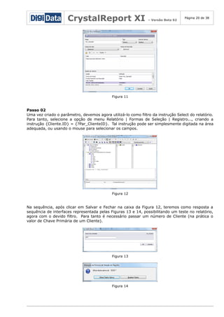 CrystalReport XI

– Versão Beta 02

Página 20 de 38

Figura 11

Passo 02
Uma vez criado o parâmetro, devemos agora utilizá-lo como filtro da instrução Select do relatório.
Para tanto, selecione a opção de menu Relatório | Formas de Seleção | Registro..., criando a
instrução {Cliente.ID} = {?Par_ClienteID}. Tal instrução pode ser simplesmente digitada na área
adequada, ou usando o mouse para selecionar os campos.

Figura 12

Na sequência, após clicar em Salvar e Fechar na caixa da Figura 12, teremos como resposta a
sequência de interfaces representada pelas Figuras 13 e 14, possibilitando um teste no relatório,
agora com o devido filtro. Para tanto é necessário passar um número de Cliente (na prática o
valor de Chave Primária de um Cliente).

Figura 13

Figura 14

 