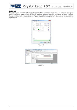 CrystalReport XI

– Versão Beta 02

Página 23 de 38

Passo 05
Fique livre para exercitar a formatação do relatório, selecionando no menu de contexto alcançado
com o clique no botão direito do mouse sobre a área do relatório, utilizando as abas Comum,
Moldura e Hiperlink. Aqui, conforme Figura 22, utilizamos aplicar um Sombra cor verde na área
do relatório.

Figura 22

Figura 23

 