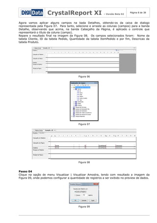 CrystalReport XI

– Versão Beta 02

Página 8 de 38

Agora vamos aplicar alguns campos na bada Detalhes, obtendo-os da caixa de dialogo
representada pela Figura 07. Para tanto, selecione e arraste as colunas (campos) para a banda
Detalhe, observando que acima, na banda Cabeçalho da Página, é aplicado o controle que
representará o título da coluna (campo).
Repare o resultado final na imagem da Figura 08. Os campos selecionados foram: Nome da
tabela Cliente, ID da tabela Pedido, Quantidade da tabela ItemPedido e por fim, Descricao da
tabela Produto.

Figura 06

Figura 07

Figura 08

Passo 04
Clique na opção de menu Visualizar | Visualizar Amostra, tendo com resultado a imagem da
Figura 09, onde podemos configurar a quantidade de registros a ser exibido no preview de dados.

Figura 09

 