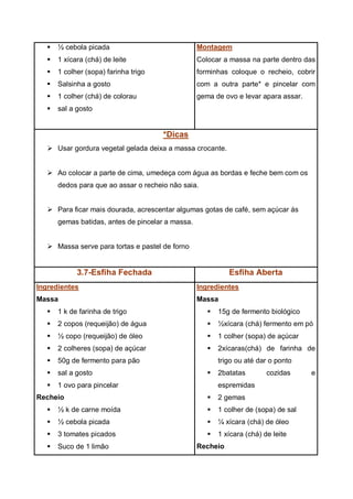  ½ cebola picada
 1 xícara (chá) de leite
 1 colher (sopa) farinha trigo
 Salsinha a gosto
 1 colher (chá) de colorau
 sal a gosto
Montagem
Colocar a massa na parte dentro das
forminhas coloque o recheio, cobrir
com a outra parte* e pincelar com
gema de ovo e levar apara assar.
*Dicas
 Usar gordura vegetal gelada deixa a massa crocante.
 Ao colocar a parte de cima, umedeça com água as bordas e feche bem com os
dedos para que ao assar o recheio não saia.
 Para ficar mais dourada, acrescentar algumas gotas de café, sem açúcar ás
gemas batidas, antes de pincelar a massa.
 Massa serve para tortas e pastel de forno
3.7-Esfiha Fechada Esfiha Aberta
Ingredientes
Massa
 1 k de farinha de trigo
 2 copos (requeijão) de água
 ½ copo (requeijão) de óleo
 2 colheres (sopa) de açúcar
 50g de fermento para pão
 sal a gosto
 1 ovo para pincelar
Recheio
 ½ k de carne moída
 ½ cebola picada
 3 tomates picados
 Suco de 1 limão
Ingredientes
Massa
 15g de fermento biológico
 ½xícara (chá) fermento em pó
 1 colher (sopa) de açúcar
 2xícaras(chá) de farinha de
trigo ou até dar o ponto
 2batatas cozidas e
espremidas
 2 gemas
 1 colher de (sopa) de sal
 ¼ xícara (chá) de óleo
 1 xícara (chá) de leite
Recheio
 