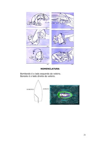 21 
NOMENCLATURA 
Bombordo é o lado esquerdo do veleiro. 
Boreste é o lado direito do veleiro. 
 