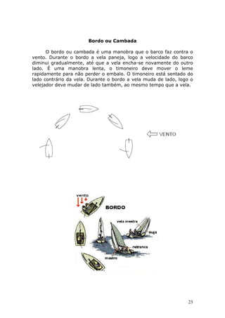23 
Bordo ou Cambada 
O bordo ou cambada é uma manobra que o barco faz contra o 
vento. Durante o bordo a vela paneja, logo a velocidade do barco 
diminui gradualmente, até que a vela encha-se novamente do outro 
lado. É uma manobra lenta, o timoneiro deve mover o leme 
rapidamente para não perder o embalo. O timoneiro está sentado do 
lado contrário da vela. Durante o bordo a vela muda de lado, logo o 
velejador deve mudar de lado também, ao mesmo tempo que a vela. 
 