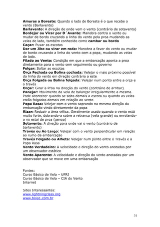Amuras a Boreste: Quando o lado de Boreste é o que recebe o 
vento (Barlavento) 
Barlavento: A direção de onde vem o vento (contrário de sotavento) 
Bordejar ou Virar por D´Avante: Manobra contra o vento ou 
mudar de bordo cruzando a linha do vento pela proa mudando as 
velas de lado, também conhecido como cambar ou bordo 
Caçar: Puxar as escotas 
Dar um Jibe ou virar em roda: Manobra a favor do vento ou mudar 
de bordo cruzando a linha do vento com a popa, mudando as velas 
de lado. 
Filado ao Vento: Condição em que a embarcação aponta a proa 
diretamente para o vento sem seguimento ou governo 
Folgar: Soltar as escotas 
Orça Fechada ou Bolina cochada: Velejar o mais próximo possível 
da linha do vento em direção contrária a este 
Orça Folgada ou Bolina folgada: Velejar num ponto entre a orça e 
o través 
Orçar: Girar a Proa na direção do vento (contrário de arribar) 
Panejar: Movimento da vela de balançar irregularmente a mesma. 
Pode acontecer quando se solta demais a escota ou quando as velas 
estão folgadas demais em relação ao vento 
Popa Rasa: Velejar com o vento soprando na mesma direção da 
embarcação vindo diretamente da popa 
Rizar: Reduzir a área vélica. Geralmente usado quando o vento está 
muito forte, dobrando-a sobre a retranca (vela grande) ou enrolando-a 
no estai de proa (genoa) 
Sotavento: A direção para onde vai o vento (contrário de 
barlavento) 
Través ou Ao Largo: Velejar com o vento perpendicular em relação 
ao rumo da embarcação 
Través Folgado ou Alheta: Velejar num ponto entre o Través e a 
Popa Rasa 
Vento Verdadeiro: A velocidade e direção do vento anotadas por 
um observador estático 
Vento Aparente: A velocidade e direção do vento anotadas por um 
observador que se move em uma embarcação 
31 
Fontes: 
Curso Básico de Vela – UFRJ 
Curso Básico de Vela – CIA do Vento 
Internet 
Sites Interessantes: 
www.lightningclass.org 
www.boia1.com.br 
