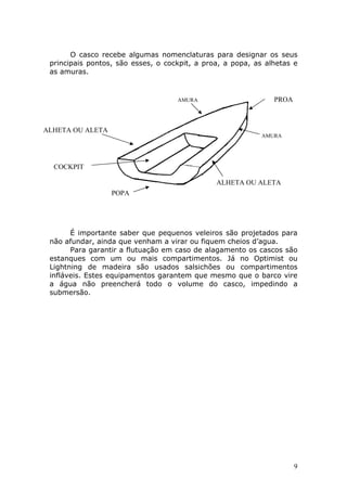 O casco recebe algumas nomenclaturas para designar os seus 
principais pontos, são esses, o cockpit, a proa, a popa, as alhetas e 
as amuras. 
PROA 
POPA 
AMURA 
ALHETA OU ALETA 
AMURA 
ALHETA OU ALETA 
COCKPIT 
É importante saber que pequenos veleiros são projetados para 
9 
não afundar, ainda que venham a virar ou fiquem cheios d’agua. 
Para garantir a flutuação em caso de alagamento os cascos são 
estanques com um ou mais compartimentos. Já no Optimist ou 
Lightning de madeira são usados salsichões ou compartimentos 
infláveis. Estes equipamentos garantem que mesmo que o barco vire 
a água não preencherá todo o volume do casco, impedindo a 
submersão. 
 