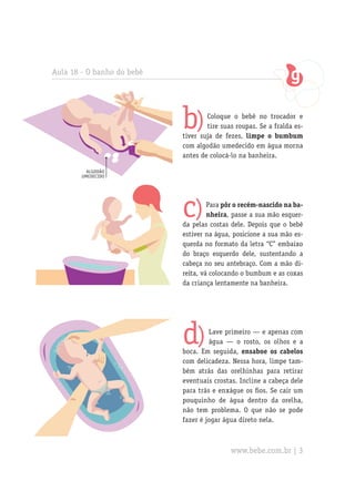 Aula 18 - O banho do bebê
c)Para pôr o recém-nascido na ba-
nheira, passe a sua mão esquer-
da pelas costas dele. Depois que o bebê
estiver na água, posicione a sua mão es-
querda no formato da letra “C” embaixo
do braço esquerdo dele, sustentando a
cabeça no seu antebraço. Com a mão di-
reita, vá colocando o bumbum e as coxas
da criança lentamente na banheira.
d)Lave primeiro — e apenas com
água — o rosto, os olhos e a
boca. Em seguida, ensaboe os cabelos
com delicadeza. Nessa hora, limpe tam-
bém atrás das orelhinhas para retirar
eventuais crostas. Incline a cabeça dele
para trás e enxágue os fios. Se cair um
pouquinho de água dentro da orelha,
não tem problema. O que não se pode
fazer é jogar água direto nela.
algodão
umedecido
b)Coloque o bebê no trocador e
tire suas roupas. Se a fralda es-
tiver suja de fezes, limpe o bumbum
com algodão umedecido em água morna
antes de colocá-lo na banheira.
www.bebe.com.br | 3
 