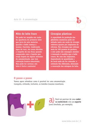 Aula 19 - A amamentação
a)Você vai precisar de uma cadei-
ra confortável e de um suporte
(uma almofada, por exemplo).
Mito do leite fraco
Ele pode ter surgido em razão
da aparência do primeiro leite
que jorra do seio materno
quando o bebê começa a
mamar. Clarinho, lembrando
água de coco, ele causa dúvidas
a respeito de sua força quando
comparado com o líquido que
surge depois de alguns minutos
de amamentação, que tem
coloração branco-amarelada.
Mas pode ter certeza: seu
leite é forte e sustenta!
Cirurgias plásticas
A capacidade de produção das
glândulas mamárias pode ser
afetada tanto em razão de cirurgia
redutora quanto por implantes de
silicone. Nas cirurgias que retiram
mais de 300 gramas de gordura,
o seio pode não conseguir atender
à demanda à medida que o bebê
cresce. No caso dos implantes,
dependendo da quantidade e
do local onde ele for colocado, o
estímulo fica diferente, alterando
a renovação dos estoques de leite.
O passo a passo
Vamos agora relembrar como é possível ter uma amamentação
tranquila, evitando, inclusive, os temidos traumas mamilares.
www.bebe.com.br | 3
 