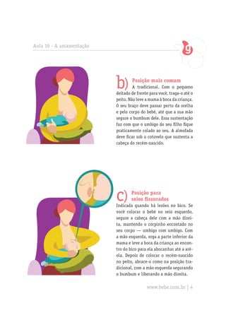 b) Posição mais comum
A tradicional. Com o pequeno
deitado de frente para você, traga-o até o
peito. Não leve a mama à boca da criança.
O seu braço deve passar perto da orelha
e pelo corpo do bebê, até que a sua mão
segure o bumbum dele. Essa sustentação
faz com que o umbigo do seu filho fique
praticamente colado ao seu. A almofada
deve ficar sob o cotovelo que sustenta a
cabeça do recém-nascido.
Aula 19 - A amamentação
c) Posição para
seios fissurados
Indicada quando há lesões no bico. Se
você colocar o bebê no seio esquerdo,
segure a cabeça dele com a mão direi-
ta, mantendo o corpinho encostado no
seu corpo — umbigo com umbigo. Com
a mão esquerda, erga a parte inferior da
mama e leve a boca da criança ao encon-
tro do bico para ela abocanhar até a aré-
ola. Depois de colocar o recém-nascido
no peito, abrace-o como na posição tra-
dicional, com a mão esquerda segurando
o bumbum e liberando a mão direita.
www.bebe.com.br | 4
 
