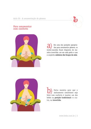 Aula 20 - A amamentação de gêmeos
a) Em uma das posições apropria-
das para amamentar gêmeos, os
recém-nascidos ficam dispostos de ma-
neira invertida: um em cada peito e com
o corpinho embaixo dos braços da mãe.
b) Outra maneira para que o
aleitamento simultâneo seja
feito com conforto é manter um dos
bebês na posição tradicional e o ou-
tro, na invertida.
Para amamentar
com conforto
www.bebe.com.br | 3
 